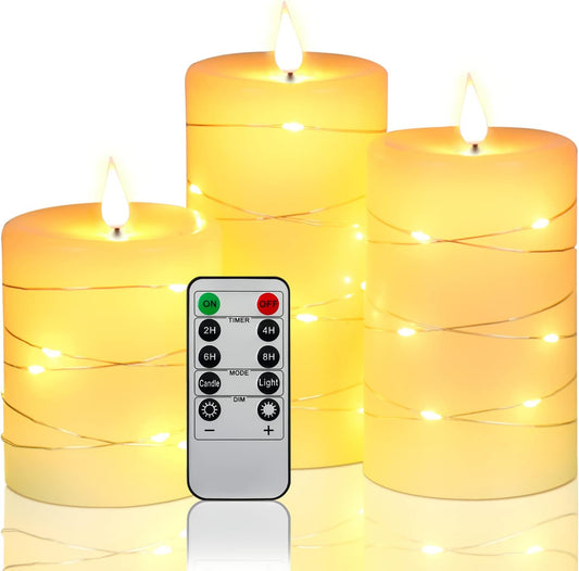 Flameless Candles with String Lights，Battery Operated Candles,Led Flickering Candles with Remote Control and Timer, Real Wax, 3 Pack-Ivory